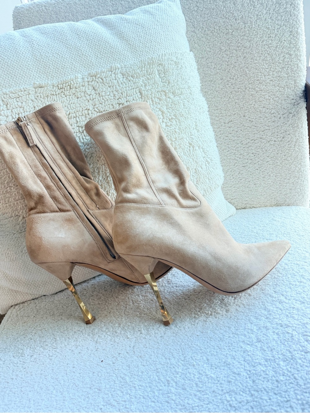 Valentino Taupe Suede Pointed Toe Stiletto Boot with Gold Heel